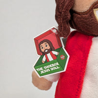 Close up of the Shoebox Jesus Doll featuring the new tag (2026) - only from Jesusdoll.com