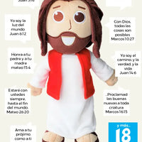 El muñeco Jesús parlante es un Jesús de peluche que dice 18 frases de versículos bíblicos.