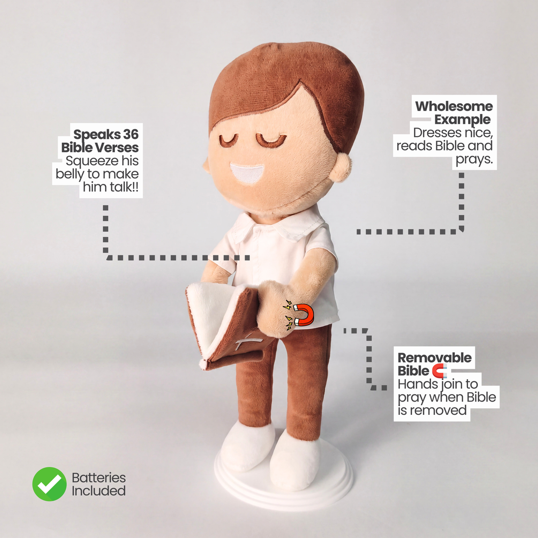 BibleBoy is the adorable plush boy doll that speaks 36 Bible verses.  Holds his Bible with magnets in his hands and in the Bible.  Wholesome dress.  Clean cut hairstyle.  Perfect Christmas gift idea for Christian boys.  From Jesusdoll.com.