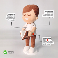 BibleBoy is the adorable plush boy doll that speaks 36 Bible verses.  Holds his Bible with magnets in his hands and in the Bible.  Wholesome dress.  Clean cut hairstyle.  Perfect Christmas gift idea for Christian boys.  From Jesusdoll.com.