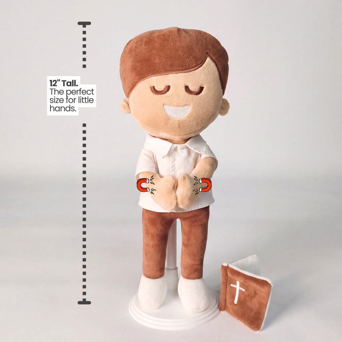 BibleBoy is the adorable plush boy doll that speaks 36 Bible verses.  Holds his Bible with magnets in his hands and in the Bible.  Wholesome dress.  Clean cut hairstyle.  Perfect Easter gift idea for Christian boys. From Jesusdoll.com.