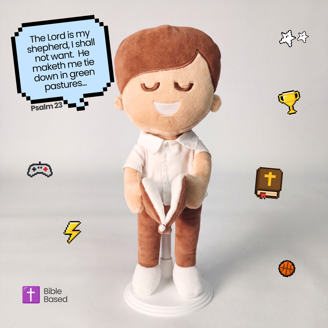 BibleBoy is the adorable plush boy doll that speaks 36 Bible verses.  Holds his Bible with magnets in his hands and in the Bible.  Wholesome dress.  Clean cut hairstyle.  Perfect baptism gift idea for Christian boys.  From Jesusdoll.com.