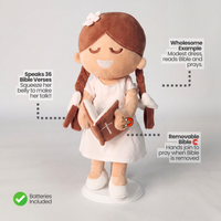 BibleGirl is the adorable plush girl doll that speaks 36 Bible verses.  Holds her Bible with magnets in her hands and in the Bible.  Wholesome dress.  Beautiful braids with bows and a flower in her hair.  Perfect birthday gift idea for Christian girls.  From Jesusdoll.com.