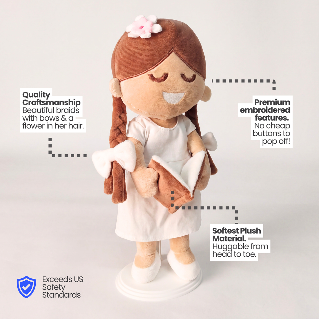 BibleGirl is the adorable plush girl doll that speaks 36 Bible verses.  Holds her Bible with magnets in her hands and in the Bible.  Wholesome dress.  Beautiful braids with bows and a flower in her hair.  Perfect Easter gift idea for Christian girls.  From Jesusdoll.com.
