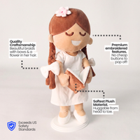 BibleGirl is the adorable plush girl doll that speaks 36 Bible verses.  Holds her Bible with magnets in her hands and in the Bible.  Wholesome dress.  Beautiful braids with bows and a flower in her hair.  Perfect Easter gift idea for Christian girls.  From Jesusdoll.com.