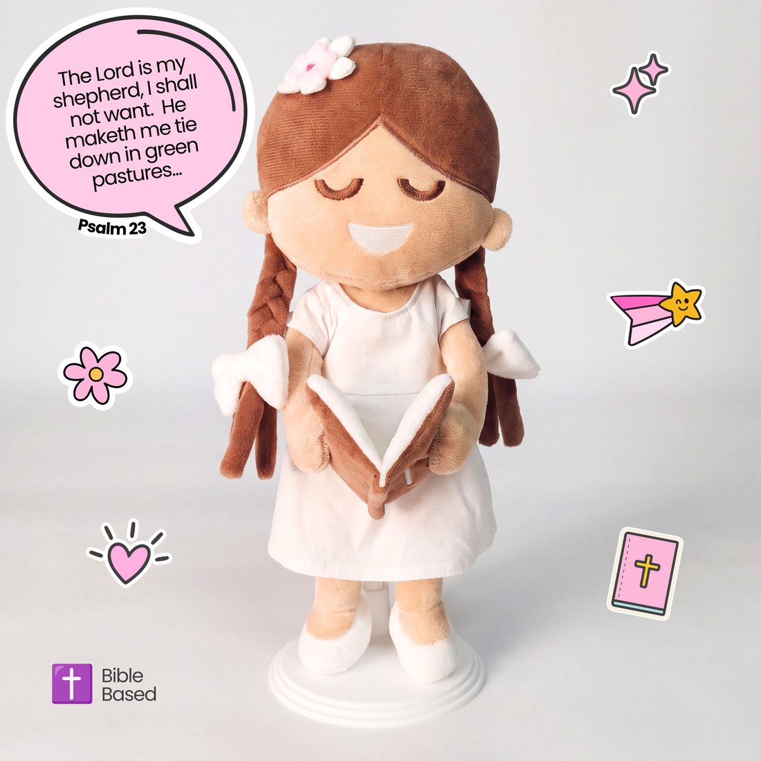 BibleGirl is the adorable plush girl doll that speaks 36 Bible verses.  Holds her Bible with magnets in her hands and in the Bible.  Wholesome dress.  Beautiful braids with bows and a flower in her hair.  Perfect Christmas  gift idea for Christian girls.  From Jesusdoll.com.