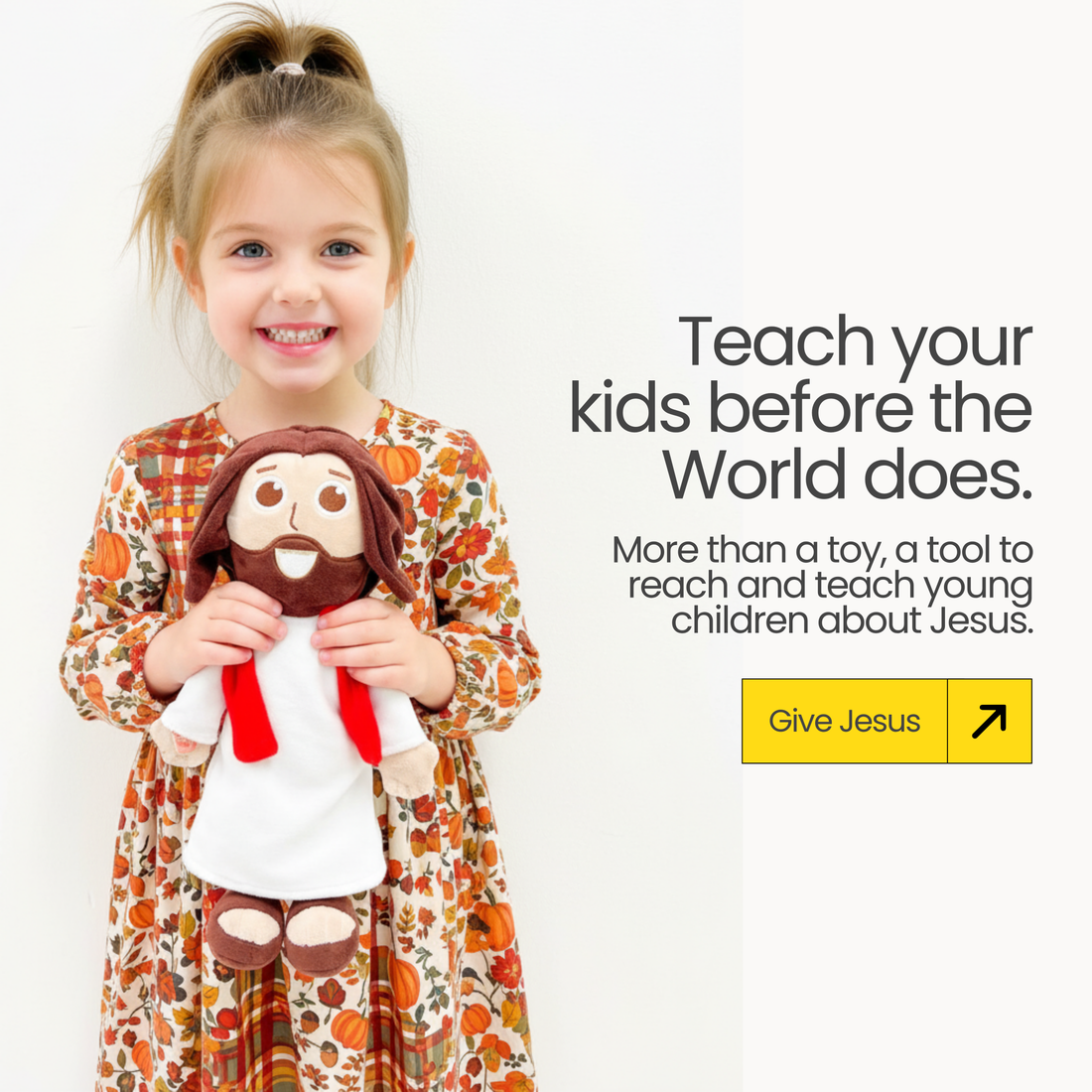 Child holding The Talking Jesus Doll.  Teach your kids before the World does.  From Jesusdoll.com.
