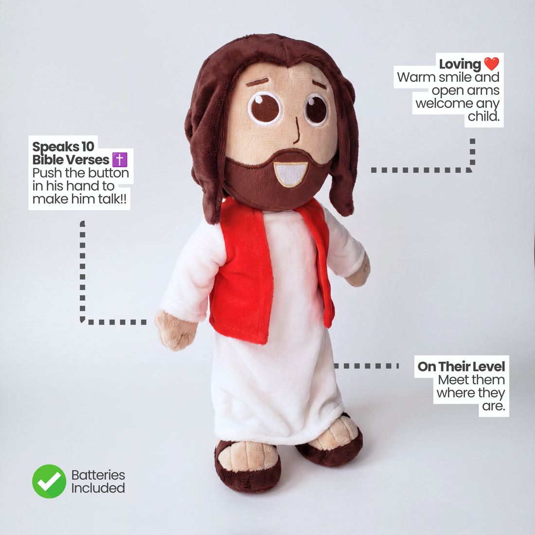 The Talking Jesus Doll - Its warm smile and open arms welcome all children. From Jesusdoll.com